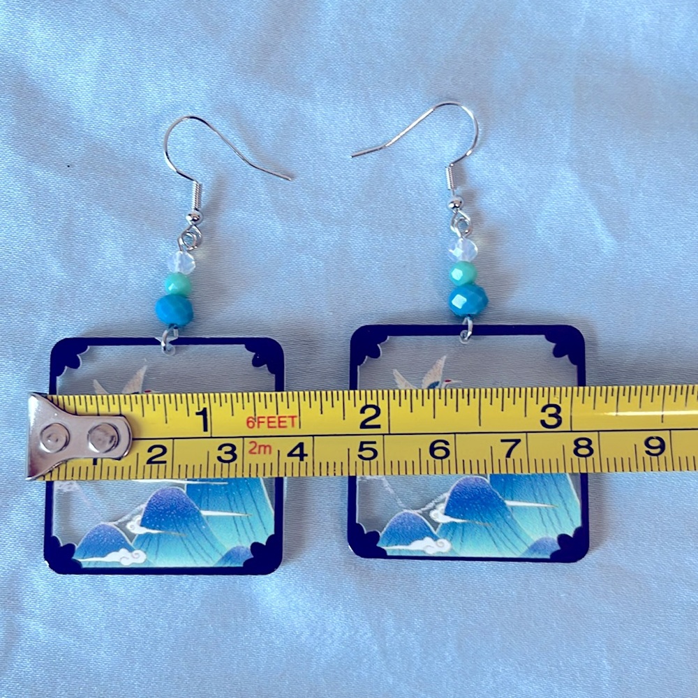 Sold-Transparent Square Shape Mountain Crane Asian Dangle Acrylic Earrings - Picture 5 of 5
